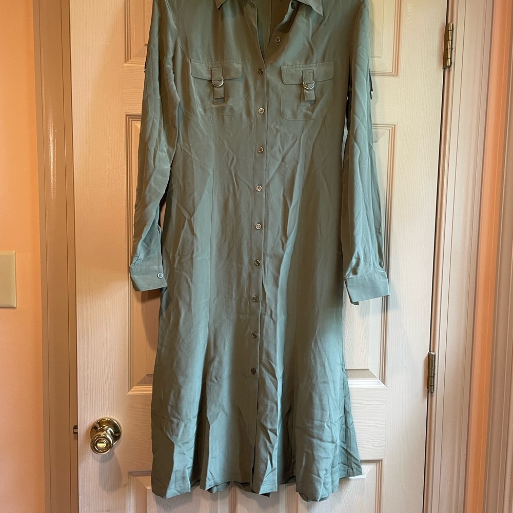Spiegel 100% Silk Green Collar Shirt Dress w/Long or Cuffed Sleeves, Size 4